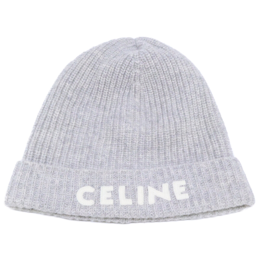 CELINE 2A25R423P Logo Patch Wool Knit Cap Hat Light Gray Women's
